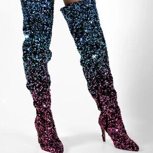 Sequins Gradient Color Pointed Toe Thigh High Stiletto Boots